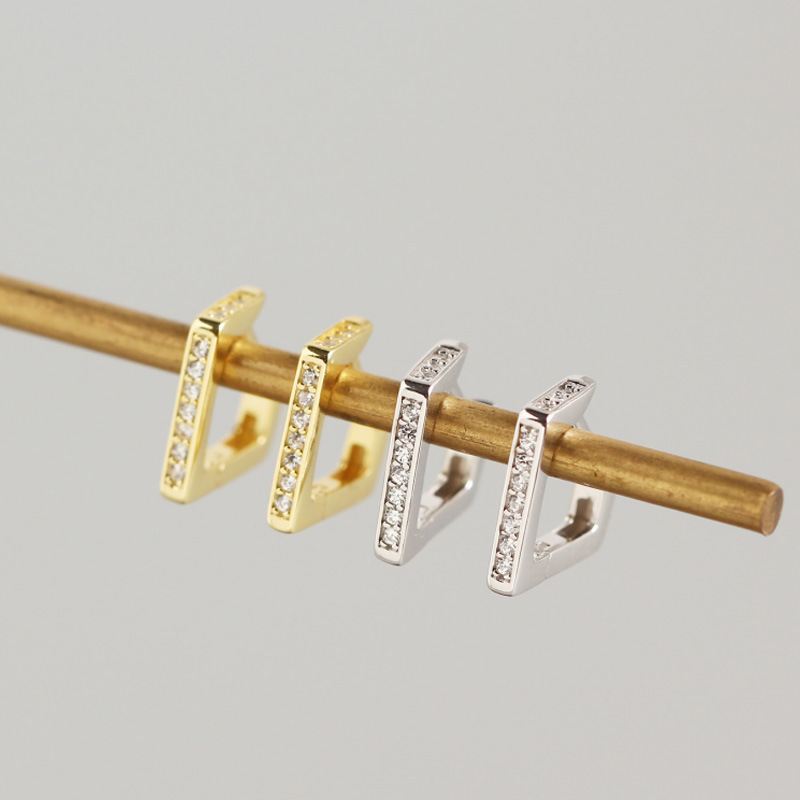 Lovcia GeometryCZ Quadrilateral Hoop Earrings 14mm Gold-Earrings-Yellow Gold-Yellow Gold