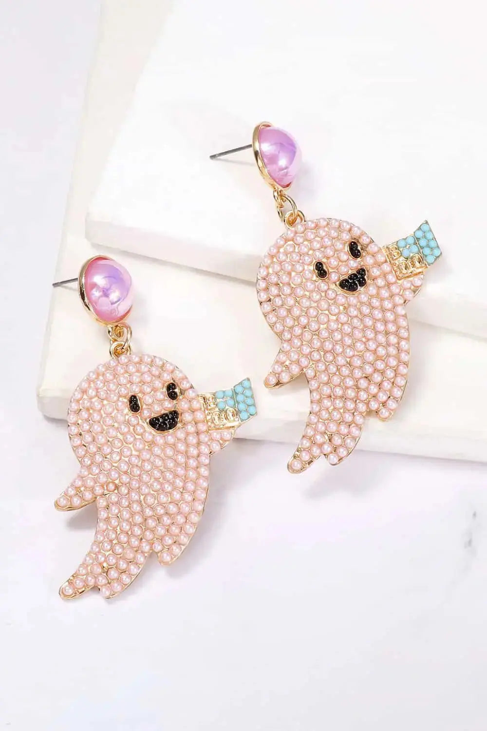 Lovcia Ghost Shape Synthetic Pearl Dangle Earrings-Earrings-Carnation Pink-One Size-Carnation Pink