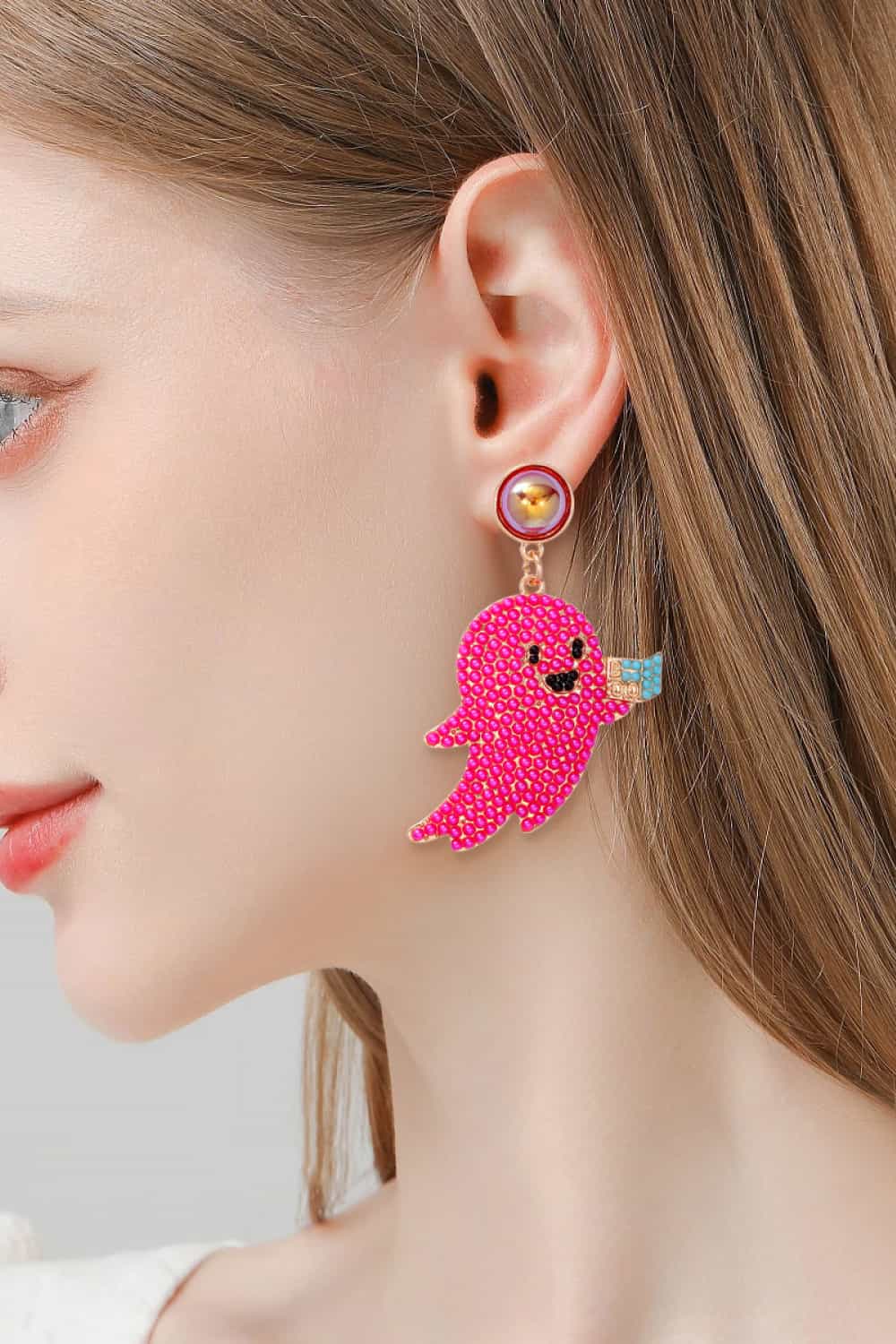 Lovcia Ghost Shape Synthetic Pearl Dangle Earrings-Earrings-Hot Pink-One Size-Hot Pink
