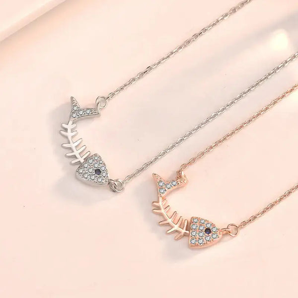 Lovcia Gift CZ Fish Bones 925 Sterling Silver Necklace-Necklaces-Silver-Silver