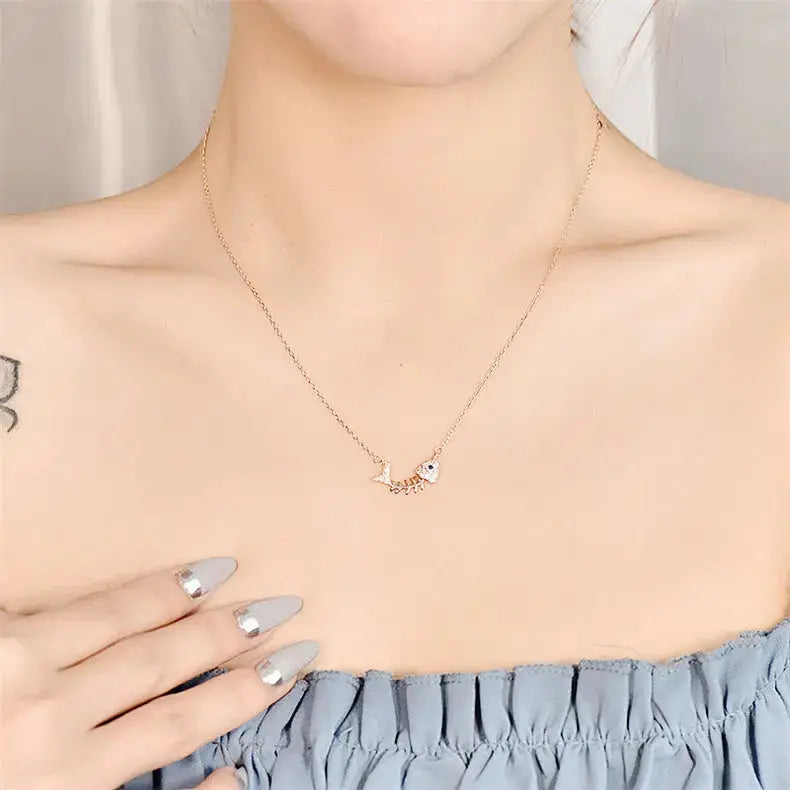 Lovcia Gift CZ Fish Bones 925 Sterling Silver Necklace-Necklaces-Silver-Silver