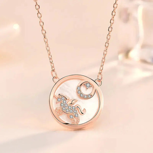 Lovcia Gift Mother of Shell Moon CZ Unicorn 925 Sterling Silver Necklace-Necklaces-Rose Gold-Rose Gold
