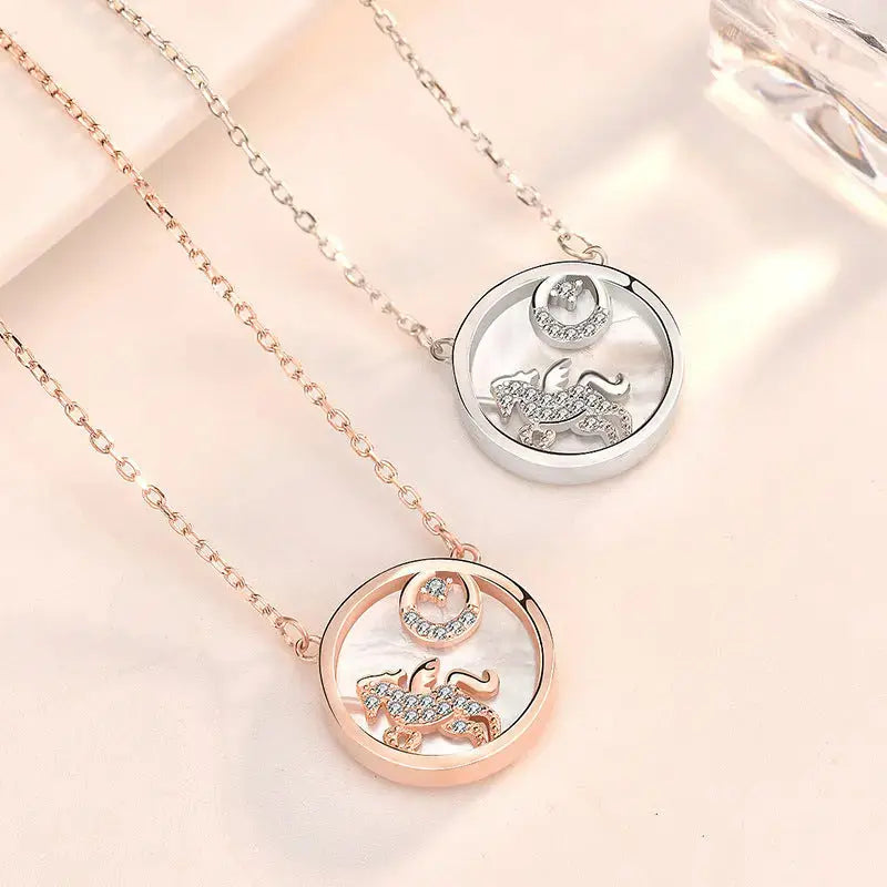 Lovcia Gift Mother of Shell Moon CZ Unicorn 925 Sterling Silver Necklace-Necklaces-Rose Gold-Rose Gold