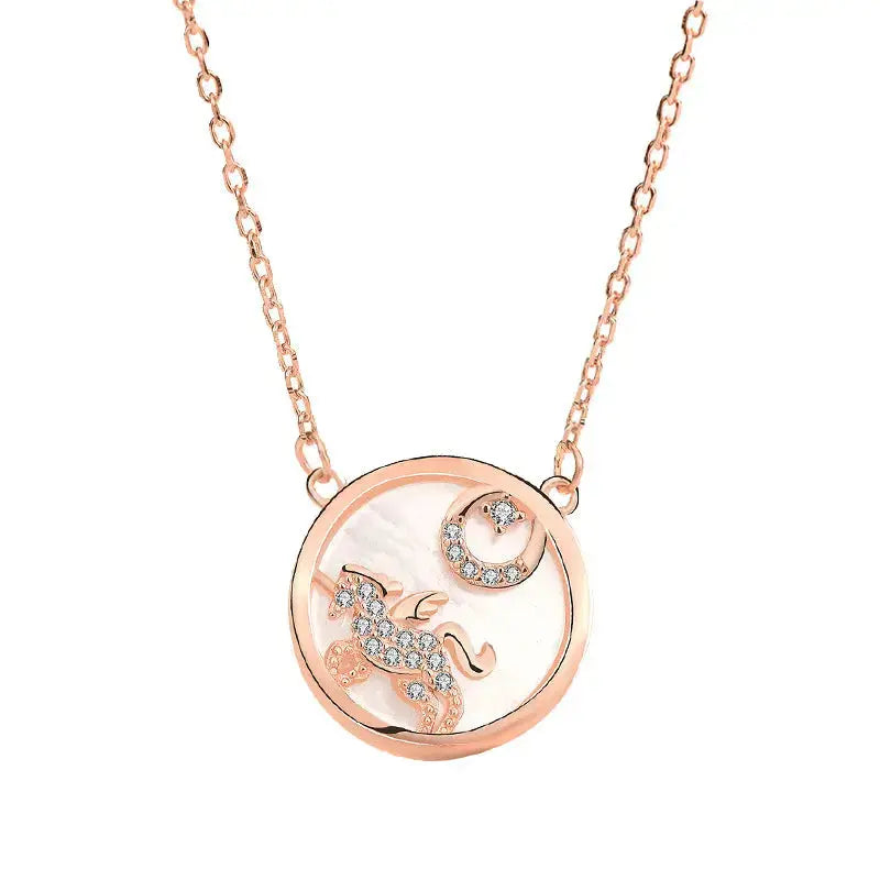 Lovcia Gift Mother of Shell Moon CZ Unicorn 925 Sterling Silver Necklace-Necklaces-Rose Gold-Rose Gold