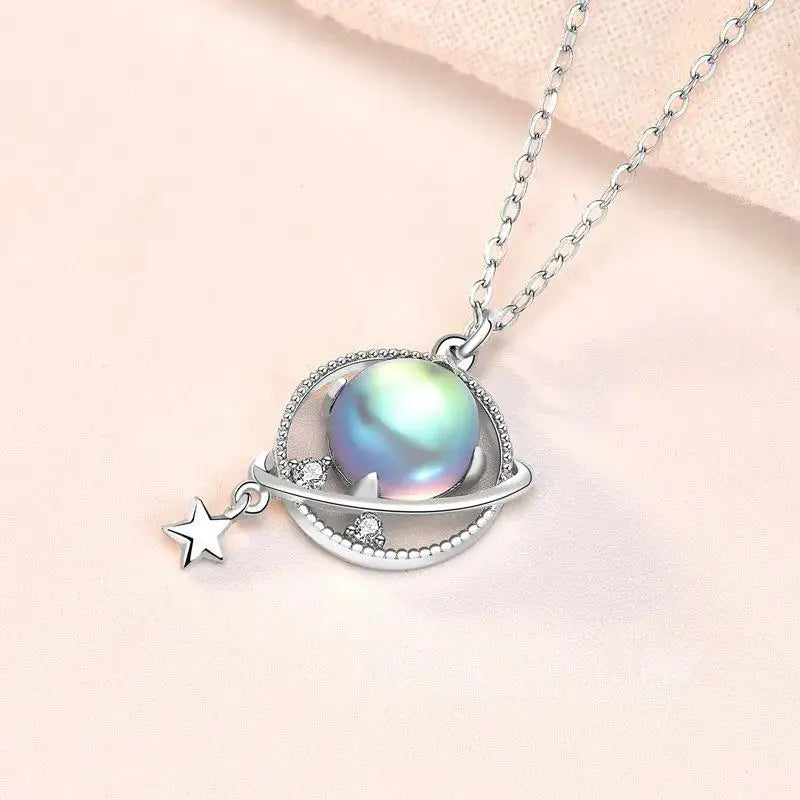LOVCIA Gift Natural Moonstone Dream Planet Stars 925 Sterling Silver Necklace
