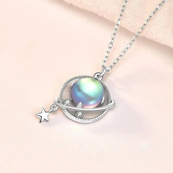 LOVCIA Gift Natural Moonstone Dream Planet Stars 925 Sterling Silver Necklace