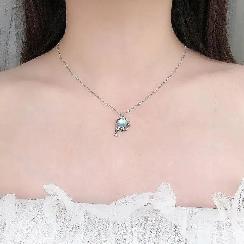 LOVCIA Gift Natural Moonstone Dream Planet Stars 925 Sterling Silver Necklace