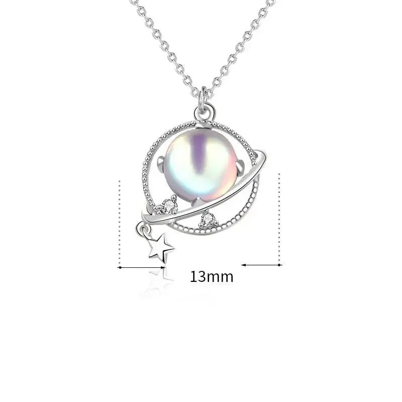 LOVCIA Gift Natural Moonstone Dream Planet Stars 925 Sterling Silver Necklace