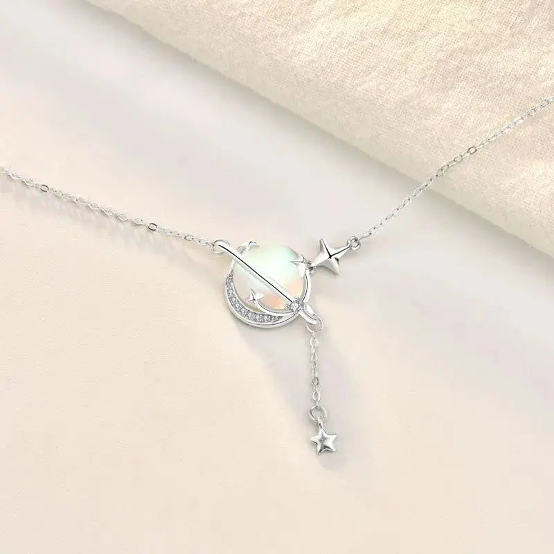 Lovcia Gift Natural Moonstone Planet Stars 925 Sterling Silver Necklace-Necklaces-