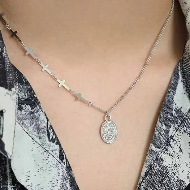 Lovcia Gift Oval Tag Cross Chain 925 Sterling Silver Necklace-Necklaces-Silver-Silver