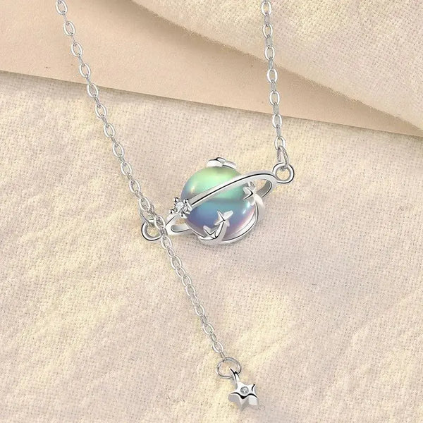 LOVCIA Gift Round Natural Moonstone Planet Stars 925 Sterling Silver Necklace