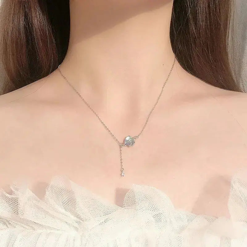 LOVCIA Gift Round Natural Moonstone Planet Stars 925 Sterling Silver Necklace