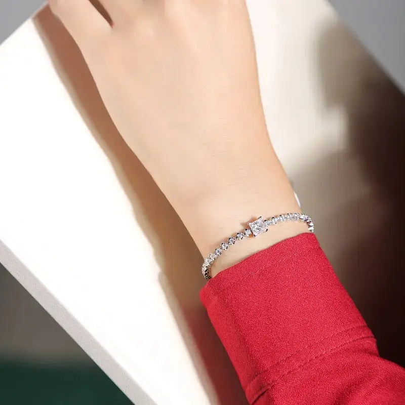 Lovcia Gift Square Moissanite Round CZ Chain 925 Sterling Silver Bracelet-Bracelets-1 ct ( Certificate Included )-1 ct ( Certificate Included )