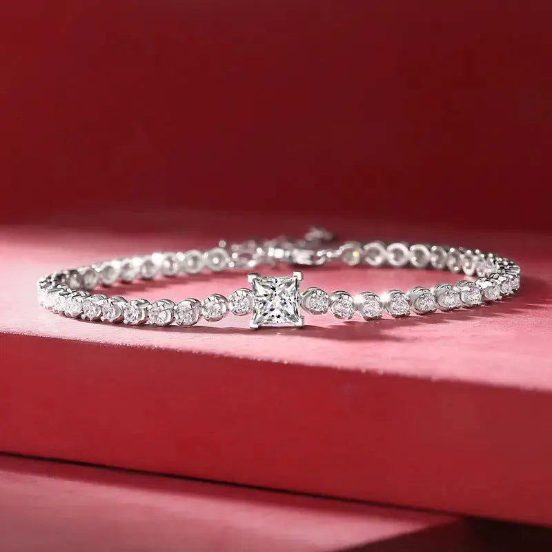 Lovcia Gift Square Moissanite Round CZ Chain 925 Sterling Silver Bracelet-Bracelets-1 ct ( Certificate Included )-1 ct ( Certificate Included )
