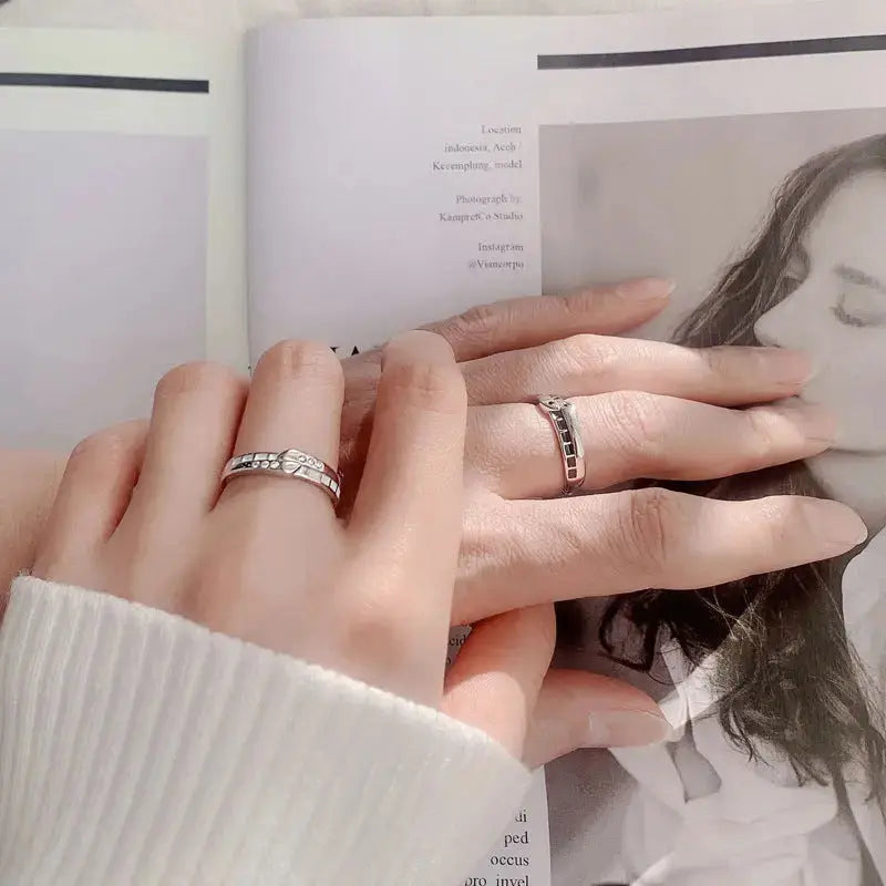 Lovcia Gift White Black CZ Belt 925 Sterling Silver Adjustable Promise Ring-Rings-Women Ring-Women Ring