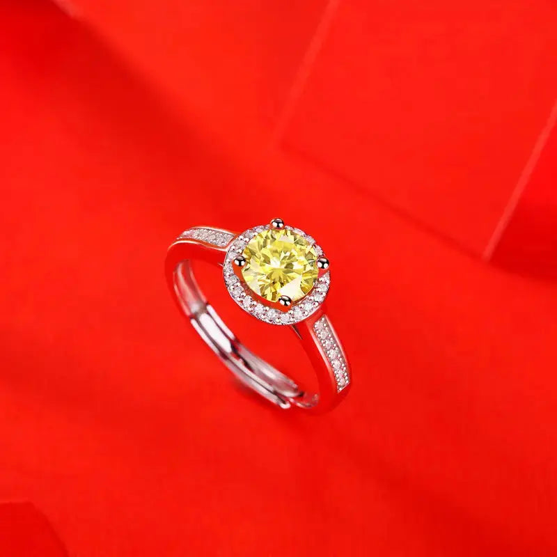 Lovcia Gift Yellow Round Moissanite CZ 925 Sterling Silver Adjustable Ring-Rings-1 ct ( Certificate Included )-1 ct ( Certificate Included )