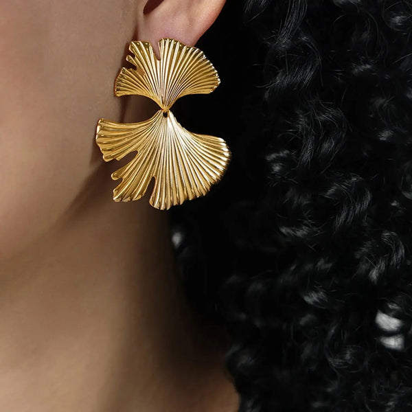 Lovcia Ginkgo Biloba Design Stud Earrings-Earrings-Gold-One Size-Gold