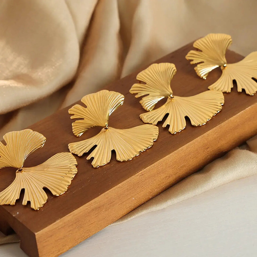 Lovcia Ginkgo Biloba Design Stud Earrings-Earrings-Gold-One Size-Gold