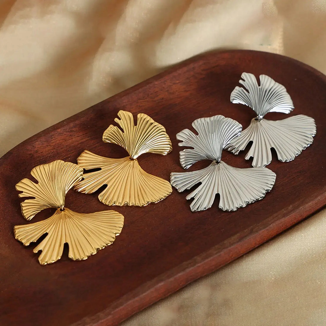 Lovcia Ginkgo Biloba Design Stud Earrings-Earrings-Gold-One Size-Gold