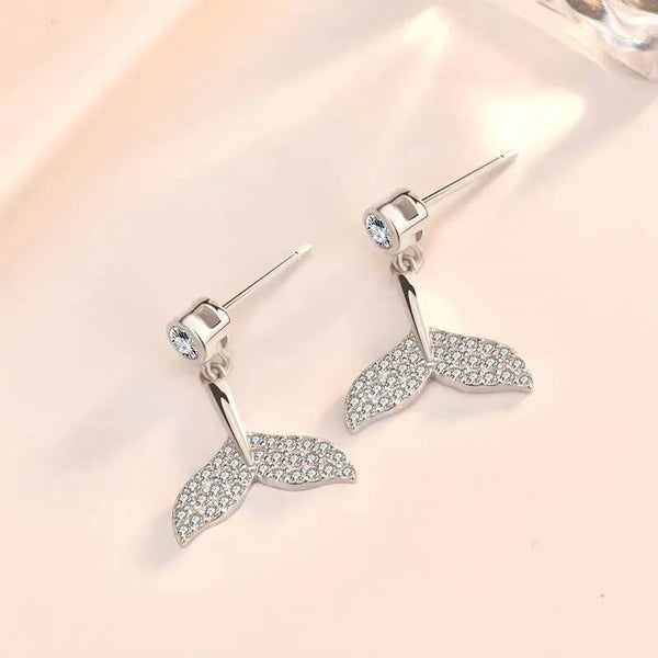 Lovcia Girl CZ Fish Tail Animal 925 Sterling Silver Dangling Earrings-Earrings-Silver-Silver