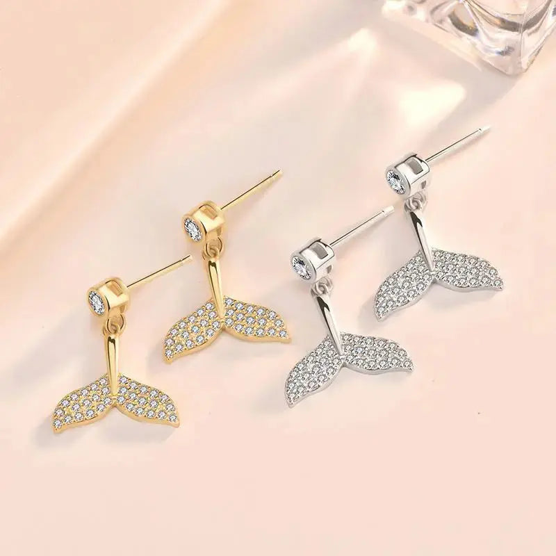 Lovcia Girl CZ Fish Tail Animal 925 Sterling Silver Dangling Earrings-Earrings-Silver-Silver