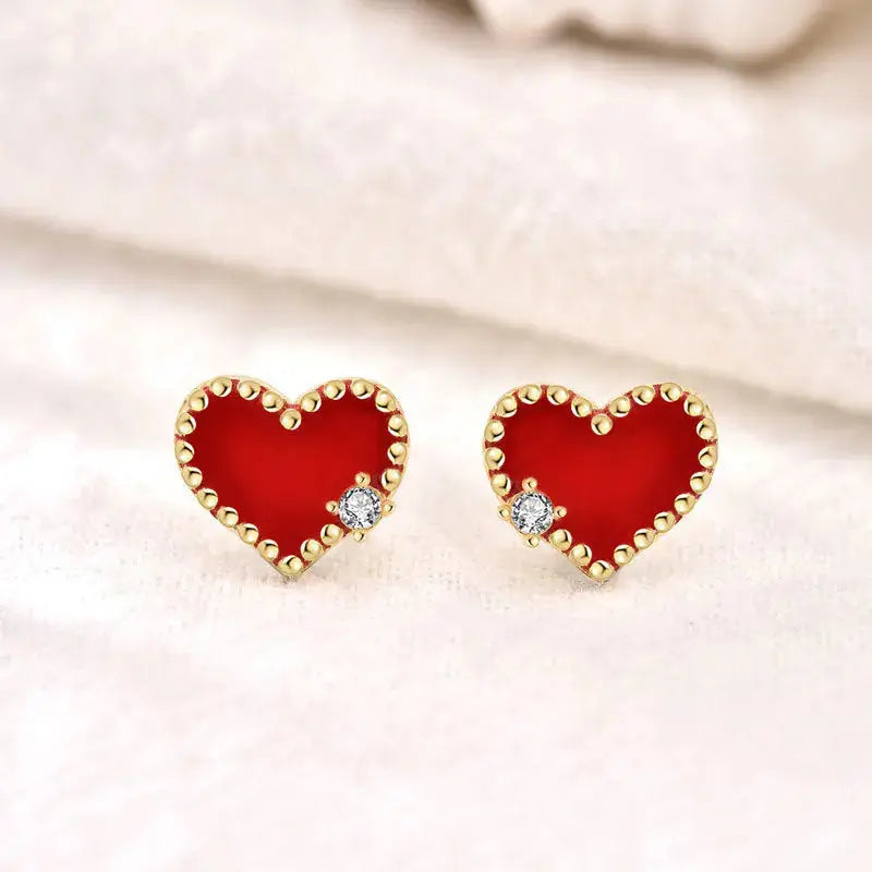 Lovcia Girl CZ Red Heart 925 Sterling Silver Stud Earrings-Earrings-Yellow Gold-Yellow Gold