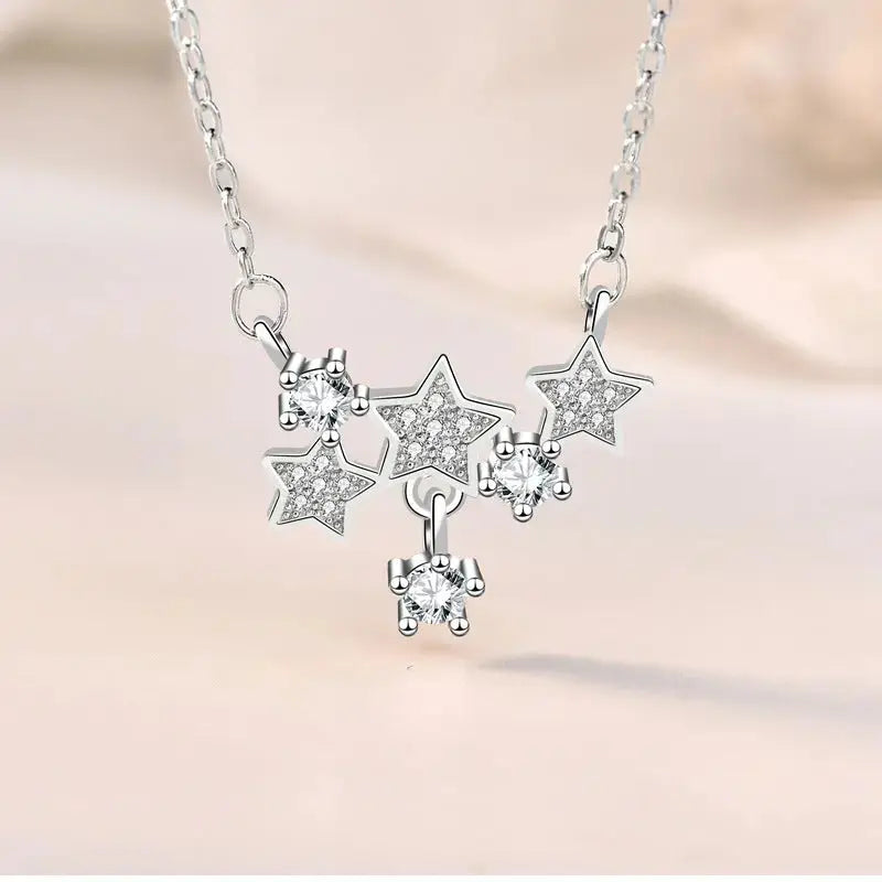 Lovcia Girl CZ Romantic Stars Shining 925 Sterling Silver Necklace-Necklaces-Silver-Silver