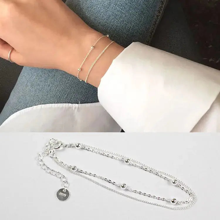 Lovcia Girl Double Layer Bead Chain 925 Sterling Silver Bracelet-Bracelets-Rhodium-Rhodium