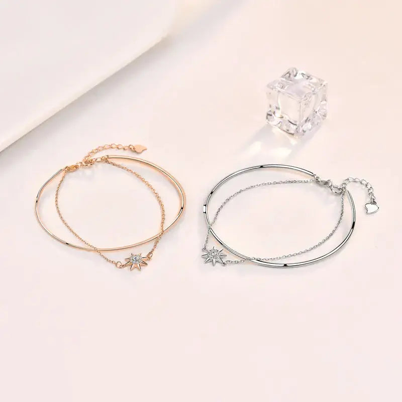 Lovcia Girl Double Layer CZ Octagonal Star 925 Sterling Silver Bracelet-Bracelets-Rhodium-Rhodium