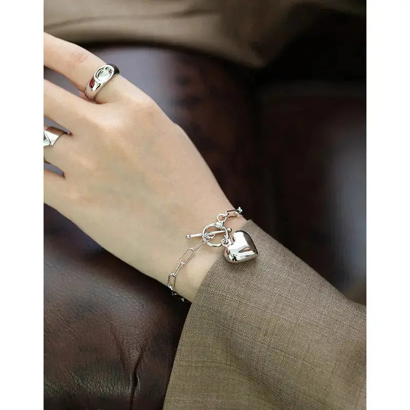 Lovcia Girl Hollow Chain Heart 925 Sterling Silver Bracelet-Bracelets-Rhodium-Rhodium