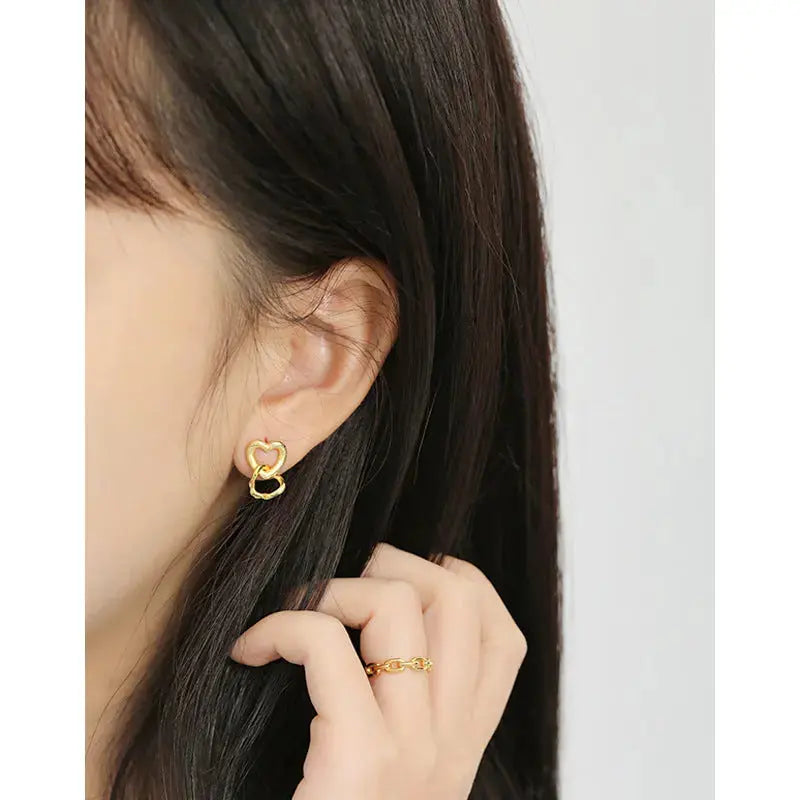 Lovcia Girl Hollow Heart in Heart 925 Sterling Silver Dangling Earrings-Earrings-Yellow Gold-Yellow Gold