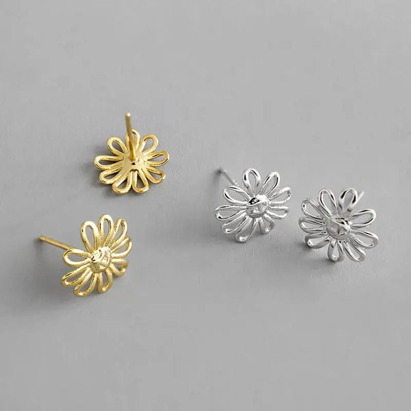 Lovcia Girl Hollow Sunflower 925 Sterling Silver Stud Earrings-Earrings-Rhodium-Rhodium