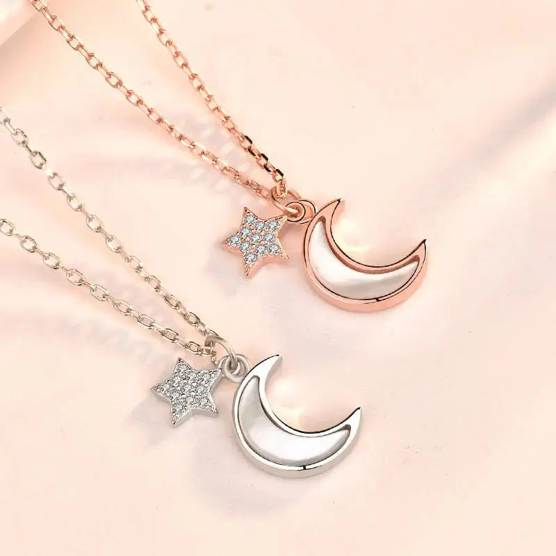 Lovcia Girl Mother of Shell Crescent Moon CZ Stars 925 Sterling Silver Necklace-Necklaces-Rose Gold-Rose Gold
