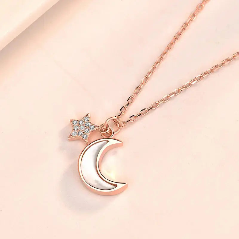 Lovcia Girl Mother of Shell Crescent Moon CZ Stars 925 Sterling Silver Necklace-Necklaces-Rose Gold-Rose Gold
