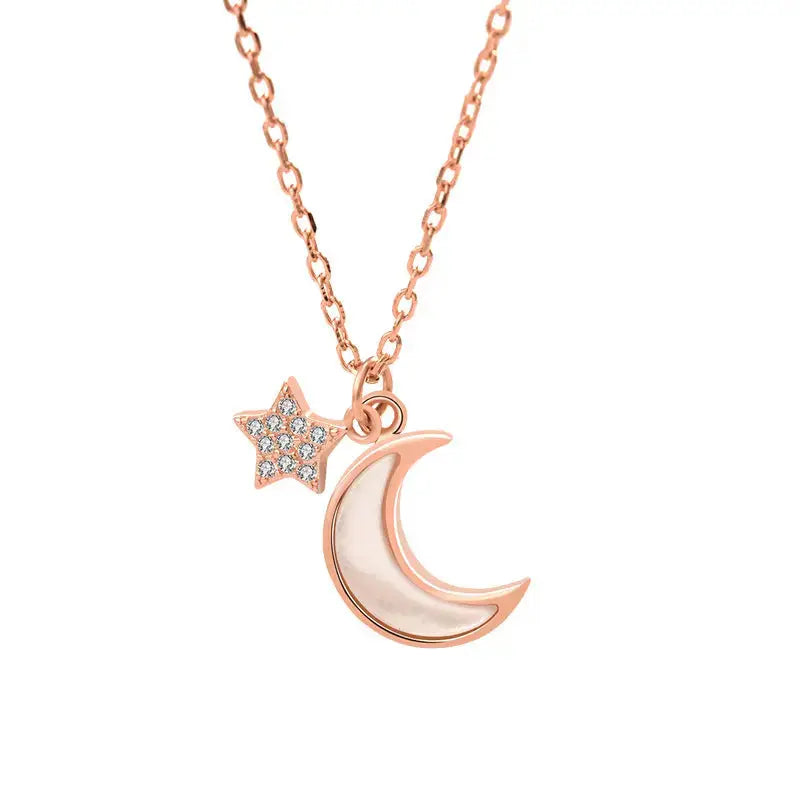 Lovcia Girl Mother of Shell Crescent Moon CZ Stars 925 Sterling Silver Necklace-Necklaces-Rose Gold-Rose Gold