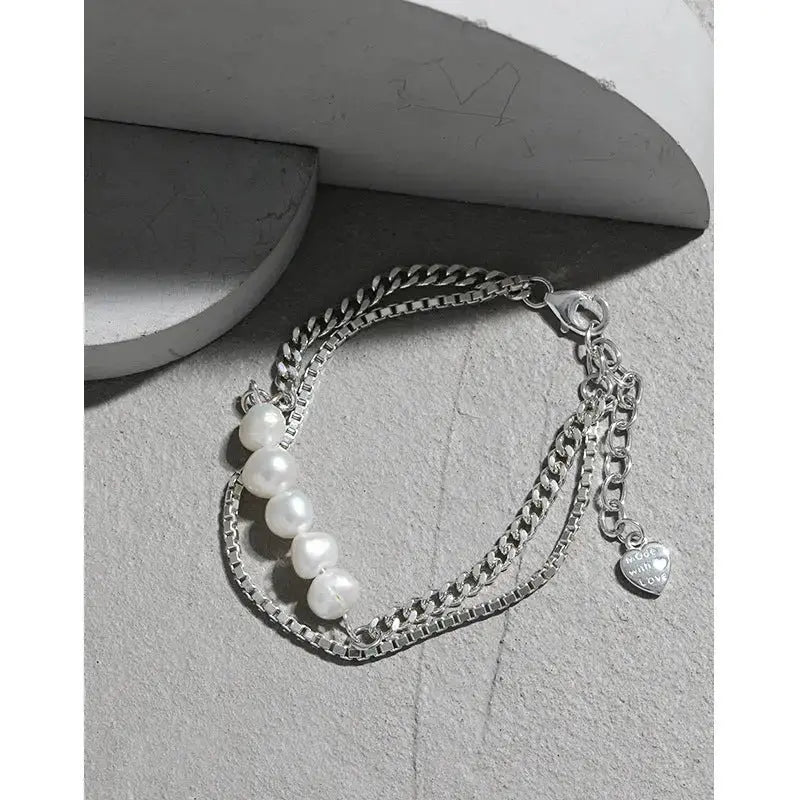 Lovcia Girl Natural Pearls Double Layers Hollow Chain 925 Sterling Silver Bracelet-Bracelets-Rhodium-Rhodium
