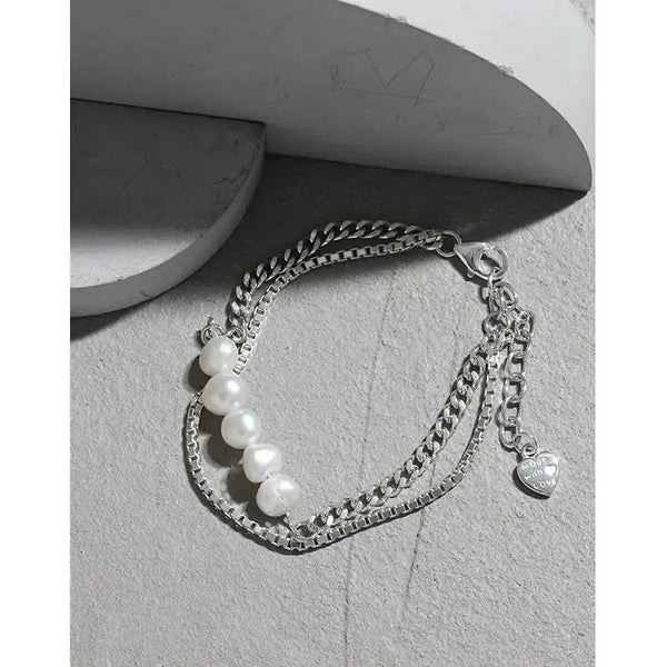 Lovcia Girl Natural Pearls Double Layers Hollow Chain 925 Sterling Silver Bracelet-Bracelets-Rhodium-Rhodium
