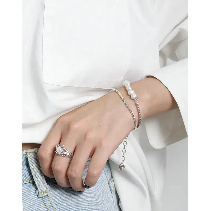 Lovcia Girl Natural Pearls Double Layers Hollow Chain 925 Sterling Silver Bracelet-Bracelets-Rhodium-Rhodium