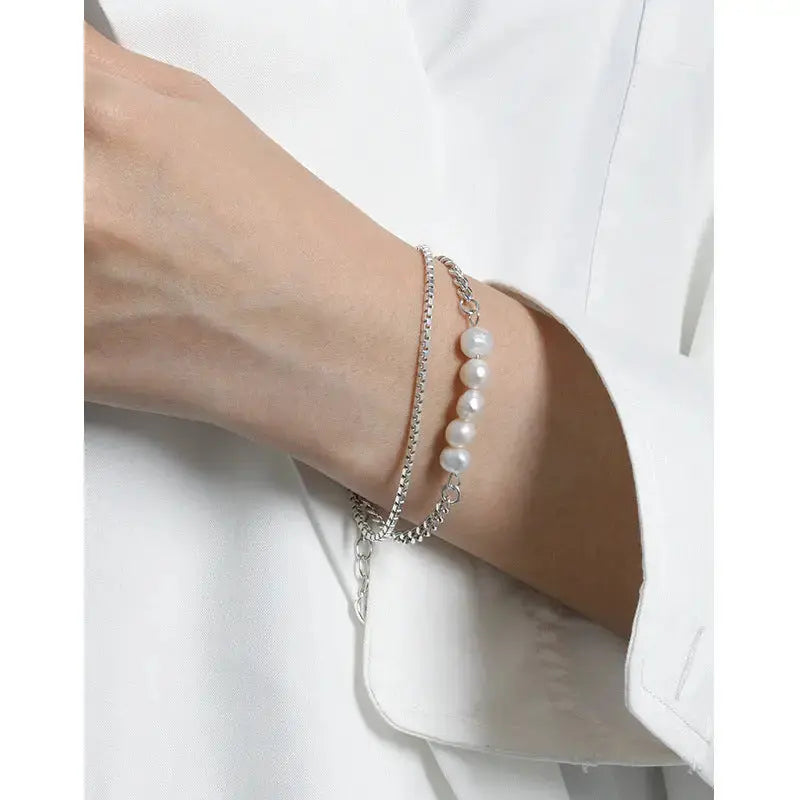 Lovcia Girl Natural Pearls Double Layers Hollow Chain 925 Sterling Silver Bracelet-Bracelets-Rhodium-Rhodium