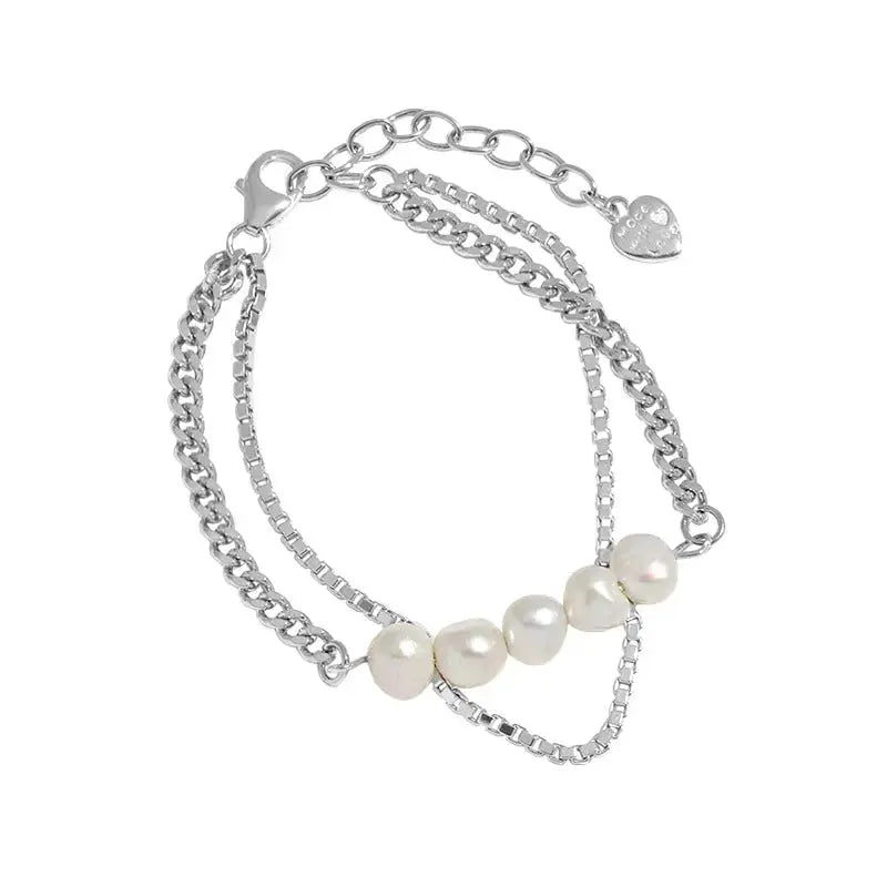 Lovcia Girl Natural Pearls Double Layers Hollow Chain 925 Sterling Silver Bracelet-Bracelets-Rhodium-Rhodium