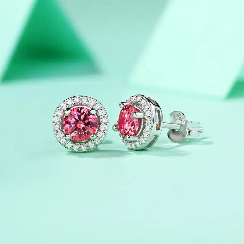 Lovcia Girl Pink Round Moissanite CZ 925 Sterling Silver Stud Earrings-Earrings-0.5 ct ( Certificate Included )-0.5 ct ( Certificate Included )