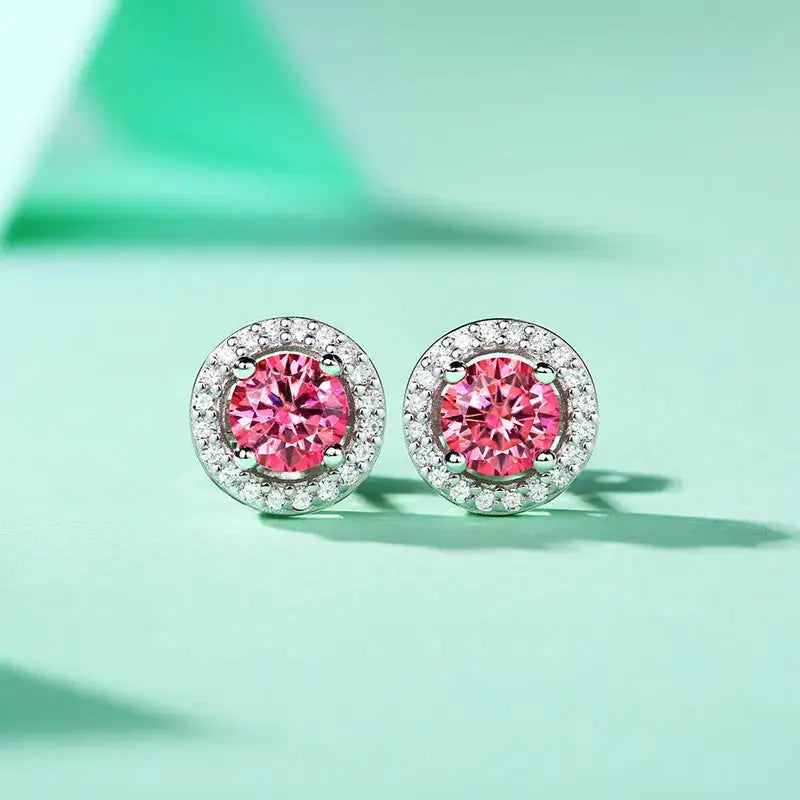 Lovcia Girl Pink Round Moissanite CZ 925 Sterling Silver Stud Earrings-Earrings-0.5 ct ( Certificate Included )-0.5 ct ( Certificate Included )