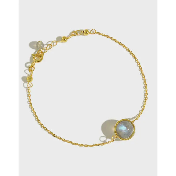 Lovcia Girl Round Natural Moonstone Aquamarine 925 Sterling Silver Bracelet-Bracelets-Grey Moonstone & Yellow Gold-Grey Moonstone & Yellow Gold