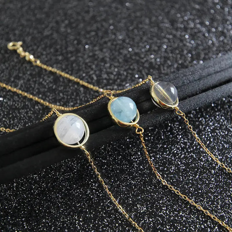 Lovcia Girl Round Natural Moonstone Aquamarine 925 Sterling Silver Bracelet-Bracelets-Grey Moonstone & Yellow Gold-Grey Moonstone & Yellow Gold