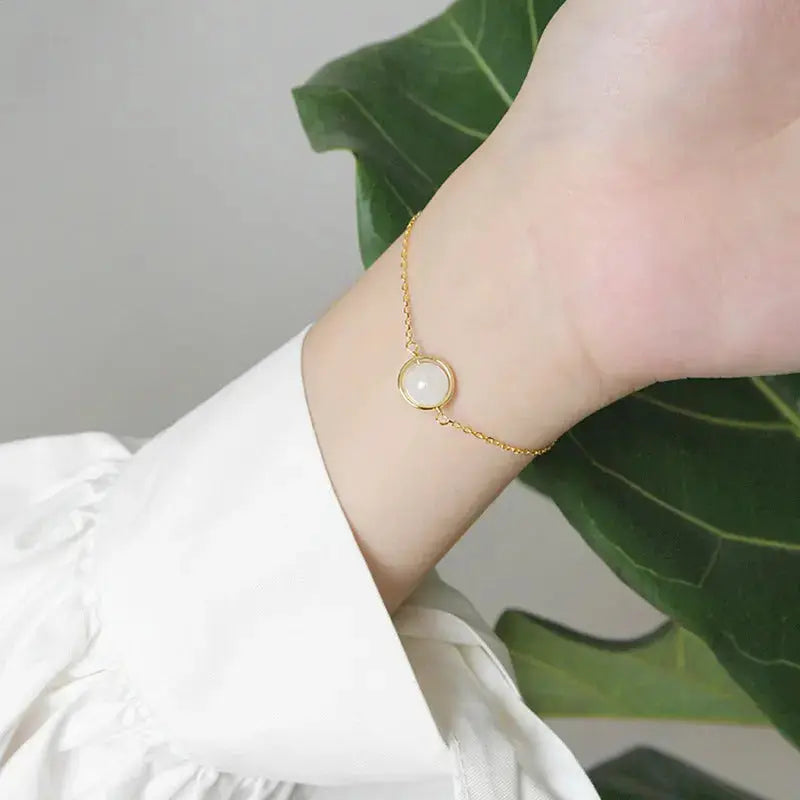 Lovcia Girl Round Natural Moonstone Aquamarine 925 Sterling Silver Bracelet-Bracelets-Grey Moonstone & Yellow Gold-Grey Moonstone & Yellow Gold