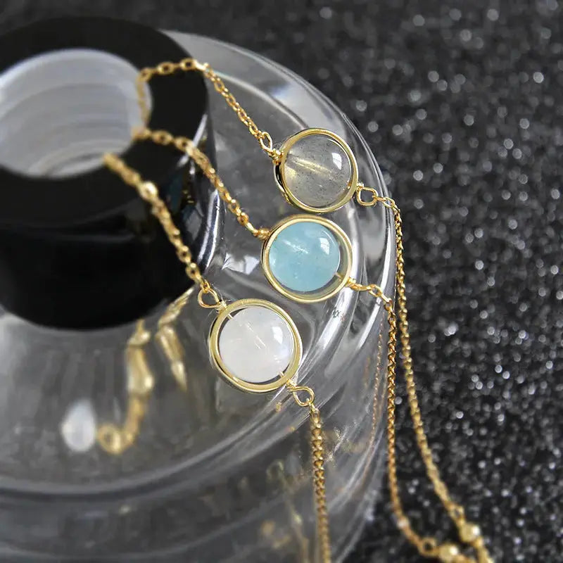 Lovcia Girl Round Natural Moonstone Aquamarine 925 Sterling Silver Bracelet-Bracelets-Grey Moonstone & Yellow Gold-Grey Moonstone & Yellow Gold