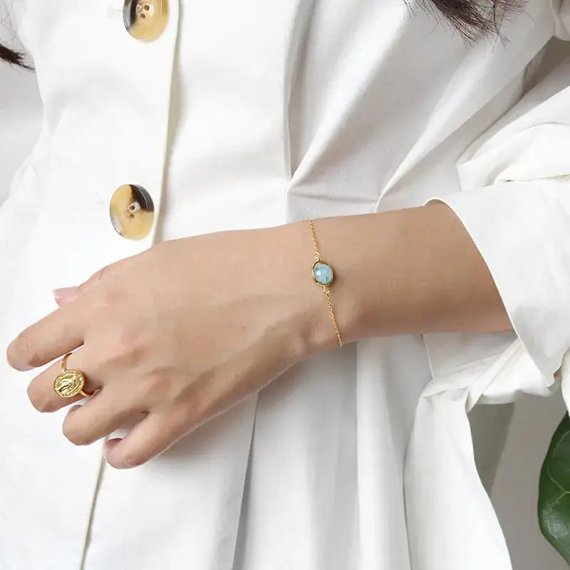 Lovcia Girl Round Natural Moonstone Aquamarine 925 Sterling Silver Bracelet-Bracelets-Grey Moonstone & Yellow Gold-Grey Moonstone & Yellow Gold