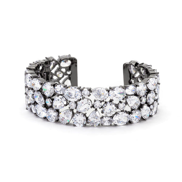 Lovcia Glamorous Black Tone Jewel-Encrusted Cuff with Cubic Zirconia-Bracelets-