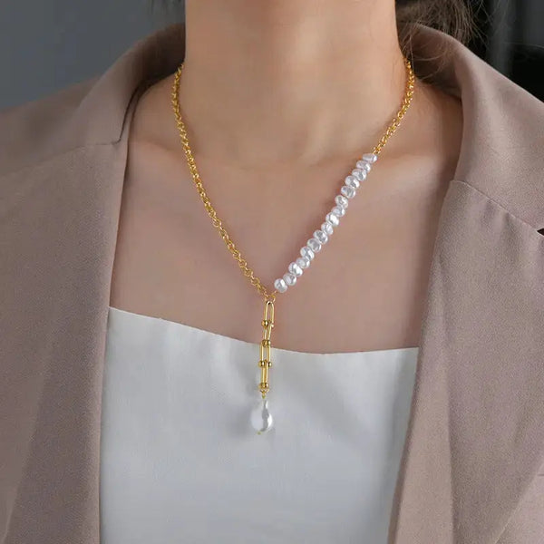 Lovcia Glamour Fusion French Retro Style Pearl Necklace, Light Luxury Clavicle Chain-Necklaces-Gold-Gold