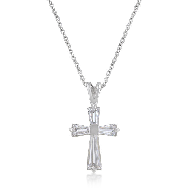 Lovcia Glimmering Rhodium Cross Necklace with Emerald Cut Stone-Pendants-